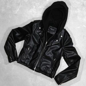 ✨ SOLD ✨ - OBEY FAUX LEATHER MOTO JACKET W/ HOODIE